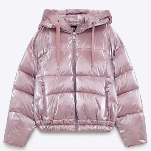 Zara Pink Metallic Shine Hooded Puffer Jacket. - Picture 6 of 7